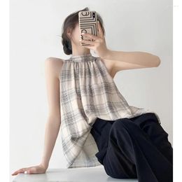 Women's Tanks Vintage Tank Top Sleeveless Hanging Neck Tops Women Summer Y2k Clothes Sexy Loose Shirts Plaid Camis Cute Mujer