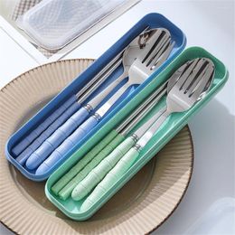 Flatware Sets Student Portable Tableware Storage Box Chopsticks Spoon Fork Bin Stainless Steel Cute 3 Piece Set Dining Table Tool