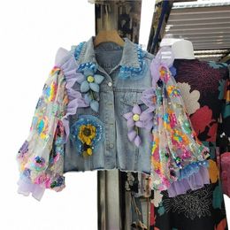 fi Hem Burrs Denim Jacket Women Sequins Mesh Lantern Sleeve Big Pocket Cowboy Outerwear Loose Short Jeans Jackets Female 04Gh#