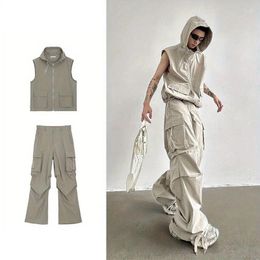 Men's Tracksuits Korean Style Fashionable Mountaineering Clothing Hooded Vest American 2024 Summer Wide-leg Overalls Aesthetic Chic