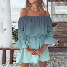 Casual Dresses Off Shoulder Sundress For Women Fashion Loose Gradient Print Boho Dress Bell Sleeve Blouse Mini Mid Beachwear