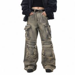 2024 Techwear Style Punk Hip Hop Vintage Wide Leg Jeans Women Multi-pocket Casual Baggy Jeans Cargo Pants S2RQ#