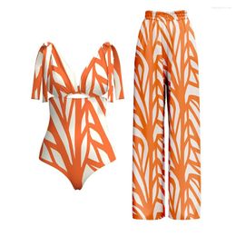 Women's Swimwear Orange Striped Print Suspenders Bow Straps Swimsuit Hollow Halter Sexy 2024 Women Push-Ups Beachwear Trousers