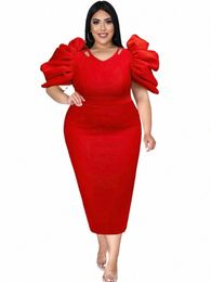 plus Size 4XL Red Party Dres Women Pleated Short Sleeves Midi Stylish High Waist African Evening Night Out Event Female Robes E8cr#