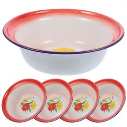 Dinnerware Sets 5 Pcs Enamel Bowl Deepen Enamelware Tableware Vegetable Basin Retro Noodle Vintage Red Plates Camping Bowls Spaghetti