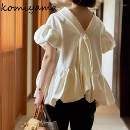 Women's Blouses Back Lace-up Shirts & Puff Short Sleeve Blusas Japan Style Sweet Camisas Loose Hem Ropa Mujer 2024 Summer Tops