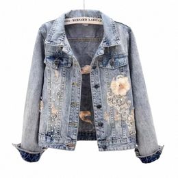 embroidered with Rhinestes Small Outerwear Woman Jean Coat Print Sequin Graphic Diamds Spring Autumn Denim Jacket for Women e6xm#