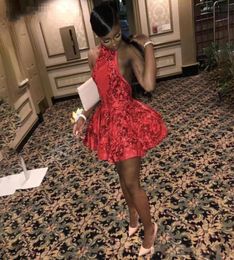 New Sexy Red Halter Cocktail Dresses Lace Appliques Sequins Homecoming Dress Backless Short Prom Dress Mini Skirt BC13234097174