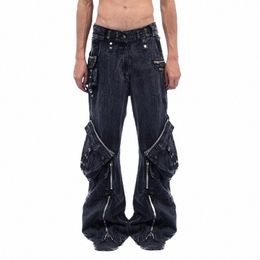 hksh Men's Niche Design New Retro Moss Green Loose Pocket Denim Pants Tide Dark Safari Style Fi Heavy Industry Jeans HK0128 L0ma#