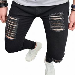 high Street Stylish Men Slim Fit Distred Small Leg Jeans Holes Stretch Motorcycle Male Skinny Denim Pants Y9Ns#