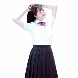 japanese school uniform JK short-sleeve o-neck fitted waist shirt |Japan orthodoxy shirt Peter Pan collar pleated black skirt X53N#