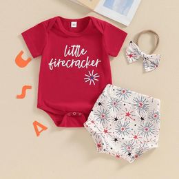 Clothing Sets Baby Girls Shorts Set Short Sleeve Letters Print Romper With Fireworks And Hairband Summer Outfit