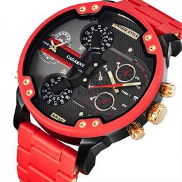 Relógios de pulso Cagarny Homens Relógios de Ouro Vermelho Big Dial Luxo Top Marca Quartz Steel Band Militar Relógios de Pulso para Homens Auto Data Dual Time 24329