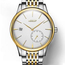 AESOP ultra thin 8 5mm Classic Simple Watch Men Sliver Golden Minimalist Male Clock Full steel hours Relogio Masculino2635