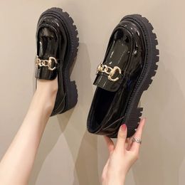 Female Shoes Women Fashion Mary Janes Round Toe Flats Loafers Oxfords Platform Casual Metal Chain Buckle Ladies Heels Black 240311