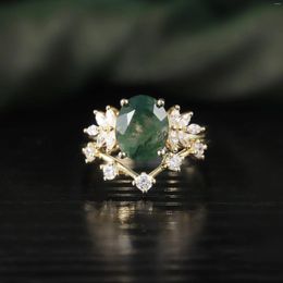 Cluster Rings GEM'S BALLET Vintage Green Moss Agate Art Deco Promise Ring Unique Curved Wedding Band Set 925 Sterling Silver