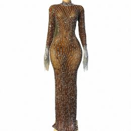 sparkly Sier Big Rhineste Transparent Lg Dr Evening Birthday Celebrate Luxurious Costume Dancer Fling Dr i53a#