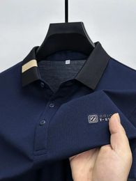 Men's Polos 2024 Trendy Brand Letter Printed Ice Silk Cotton Short Sleeve POLO Shirt Summer Men Fashion Lapel Solid Colour Casual T-shirt