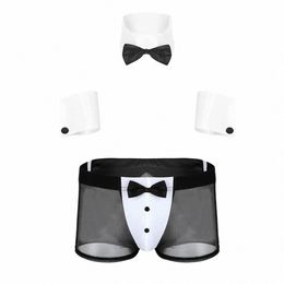 men Cosplay Sexy Lingerie Set Waiter Stage Dancer Costumes Sexy Leather Crotchl Underwear Role Play Uniforms Nightclub Outfit A8U7#