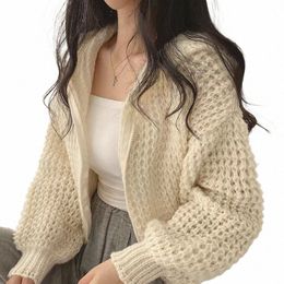 hooded Cardigan Sweater for Women Lg Sleeve Zip Up Knitted Crop Sweater Autumn Winter w1DW#