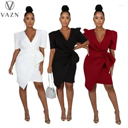 Party Dresses VAZN 2024 INS Asymmetrical Solid Elegant Overalls Age Reduction Sexy Young V-Neck Short Sleeve Women High Waist MiniThin Dress