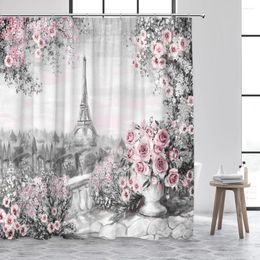 Shower Curtains Vintage Paris Tower Pink Floral Botanical Town Ink Art Landscape Bath Curtain Set Fabric Bathroom Bathtub Decor