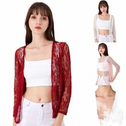 women Summer Hollow Cardigan Shirt Sunproof Blouse Boho Tops Beach Lace Chiff Sunscreen Outwear Casual Lg Sleeve Shirt Coat X81U#