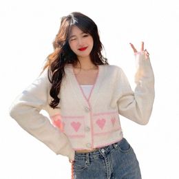 xpqbb Sweet Heart Printed Knitted Cardigan Women Korean Chic Butts V-Neck Sweater Coat Ladies College Style Cute Crop Tops y5IE#