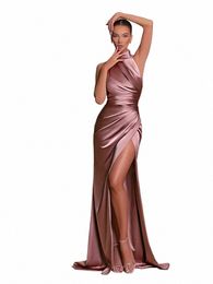 ladies Satin New Evening Party Dres Women Sleevel Backl Halter Side Slit Sexy Elegant Maxi Dr Fi Female Outfits M5Yi#