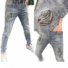 spring Summer Men Elastic Jeans Heavy Embroidery Trendy Casual Slim Fit Small Leg Lg Pants Loose Style Polyester Fabric 929R#