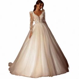 beautiful Wedding Dres Gown Lace Appliques Lg Sleeve V-Neck Fluffy Mop Bridal A Line Pockets Backl Elegant New 2023 y3gS#