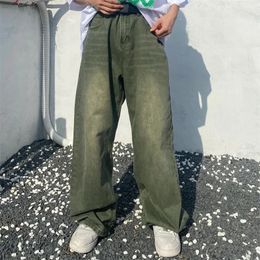 Green Jeans Baggy Distressed Vintage Denim Trousers Male Wide Leg Pants Men Streetwear Retro Oversize Casual Hip Hop 240311