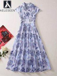 Casual Dresses AELESEEN Fashion Designer Women Summer Dress Turn-down Collar Sleeveless Blue Flower Print Elegant Midi Party Holiday