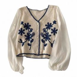 women Casual V-Neck Butt Down Cropped Cardigan Puff Lg Sleeve Elegant Embroidery Floral for JACKET Cover Up Blouse V1Be#