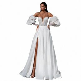 lsyx Off-Shoulder Detachable Puff Sleeves A-Line Wedding Dr Sequins Beaded Chiff Open Back High Side Slit Bridal Gown B3nJ#