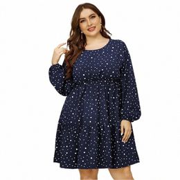 fall Style Polka Dot Plus Size Dres For Strger Women Lg Sleeves Clothing Elastic High Waist Blue Large Size Loose Dr W5hx#