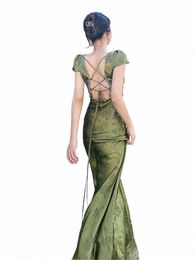 elegant Women Green Satin Backl Mixi Dr Palace Short Sleeve Lace V-Neck Bandage Vintage Bodyc Dr Robe Summer Vestidos b2jJ#