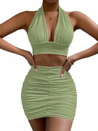 ruched White Backl 2 Pieces Skirts Halter Neck Deep VNeck Open Back Sleevel Dr Bodyc Women Party Tight Short Dres 272A#