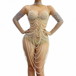 women Sexy Stage Luxury See Through Pearls Bodysuit Birthday Evening Club Gowns with Gloves Black Girl Prom Photo Shoot Bodysuit D37z#