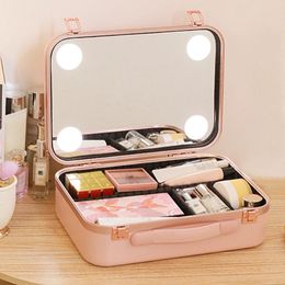 Large Capacity Cosmetic Bag with Mirror LED Light Makeup Bags Waterproof PU Leather Case Travel Storage Box For Women 240328