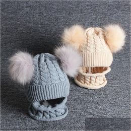 Caps Hats 2Pcs Baby Hat Scarf Set Autumn Winter Born Girl Boy Beanie Cap Double Pompom Knitted Infant Toddler Solid Colour Bonnet Drop Dhtqe