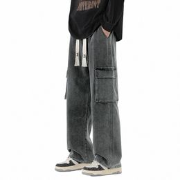 Vintage Y2K tasche jeans larghi uomo stile americano streetwear denim dritto pantaloni cargo solido Wed elastico in vita Pantales K5Ki #
