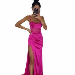 sevintage Bright Fuchsia Silk Satin Prom Dres Appliques Pleats Women Formal Evening Dr Split Side Spaghetti Strap Outfits Q4lg#