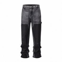 patchwork Graffiti Black Straight Denim Pants Mens Vintage Patches Stitching Ink Spled Jeans Y2k Logging Cargo Pants for Male V4en#