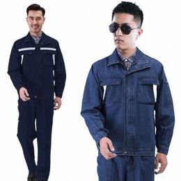 denim Working Clothes Set Welding Uniform Suit Safety Reflective Strip Auto Repair Workshop Dust Proof Labor Working Coveralls u1IU#