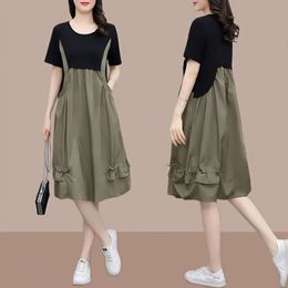 Casual Summer Dress Korean Version Hides Meat Shows Slimming Decreases Age Straps Fake Two Piece Skirt 240329