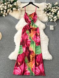 Casual Dresses Foamlina's Fashion Women's Flower Printed Holiday Dress Sexy Backless Sleeveless Slim Fit Long Suspender Vacation