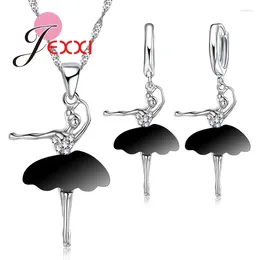 Necklace Earrings Set Unique Design Dancing Girl Dress Pendant For Party CZ 925 Sterling Silver Bridal Wedding Jewellery