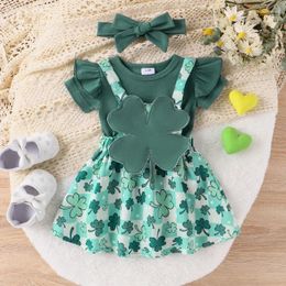 Clothing Sets Born Baby Girl 3 Piece Skirts Set Summer Clothes Round Neck Short Sleeve Ribbed Bodysuit Clover Suspender Skirt With Headband