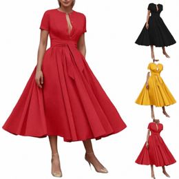 cocktail Dres For Women 2024 Elegant Classy Short Sleeve Deep V Neck Tie Waist A-Line Red Dr Vintage Retro Party Dres K9AA#